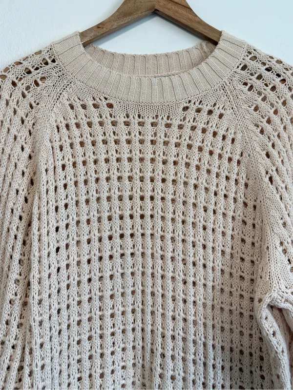 J. CREW Open Knit Sweater Large Tan Beige BZ498 Travel Coastal - Image 4