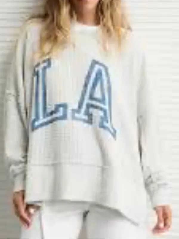 Like New Aerie Big Hug Waffle Knit L.A. Graphic Top Grey Oversized Small - Image 11