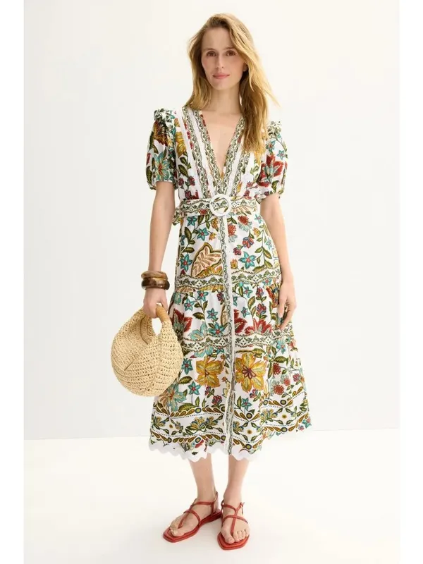 FARM Rio Botanicals Belted Midi Dress in Small Womens Cotton Poplin Floral - Image 3