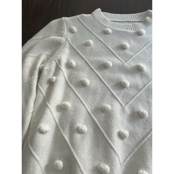 Cream Pom Pom‎ Chevron Knit Crewneck Sweater Puff Long Sleeve Cable Pullover XS - Image 2
