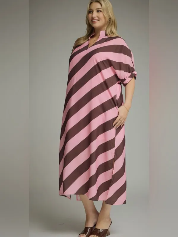 New!Entro Boutique Pink & Brown Pocket Diagonal Stripe Midi Dress Size 2X - Image 2