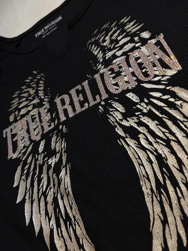 True Religion Rhinestone Winged Graphic V-notch Tee - Image 2