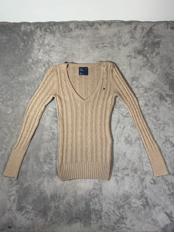 Vintage Y2K American Eagle Tan Cable Knit V-Neck Sweater Small Wool Blend Preppy - Image 3