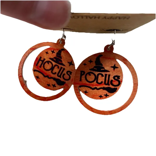 Halloween Orange "Hocus Pocus" Wood Earrings 3 1/4" Brand New Witches Spooky - Image 3