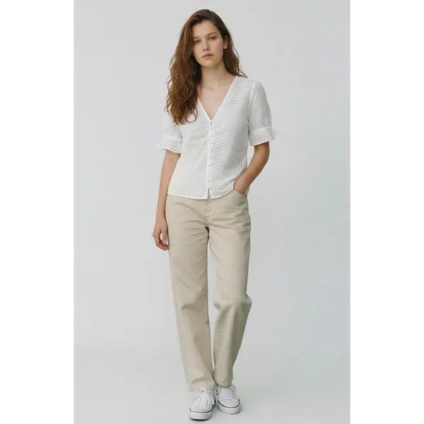Madewell White Eyelet Button Front Blouse Ruffle Sleeve V-Neck Top AK013‎ Size 6 - Image 2