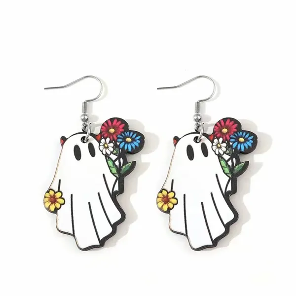 White Ghost Colorful Flower Design‎ Dangle Halloween Earrings Wooden Jewelry - Image 10