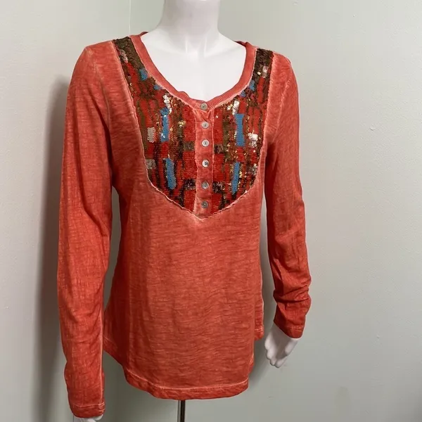 Free People Tiger Eyes Orange Sequin Bib Long Sleeve Henley - Image 5