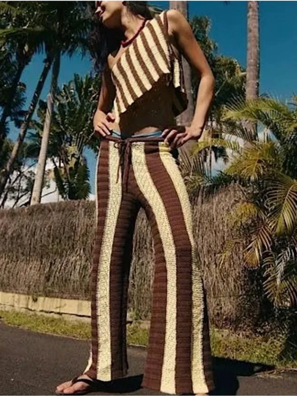 Free People Free-est Joan Fauxchet Crochet Top/Pants Set M Brown Stripe - Image 2