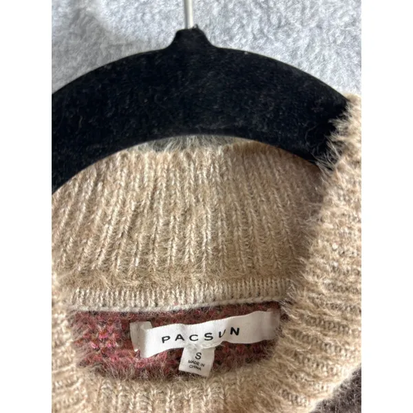 PacSun Floral Sweater Vest Womens Small Tan Pink Fuzzy Knit Mock Neck Crop Boho - Image 3