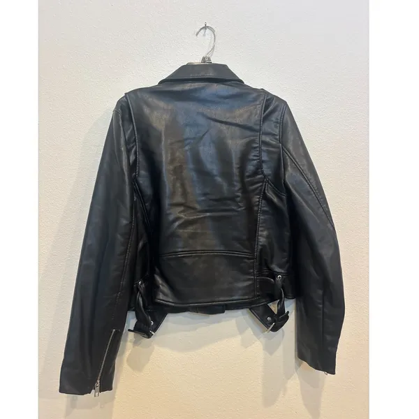 Zara Womens Faux Leather Biker Jacket Black Asymmetrical Zip XL Moto Coat - Image 3