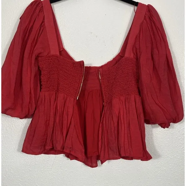 Sofie the label Red Puff Sleeve Smocked Ruffle Cropped Top Square Neck Size S - Image 7