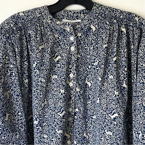 Doen O’Keeffe Blouse Prancing Fawn Floral Cotton Blue Cream Small‎ NWT - Image 6