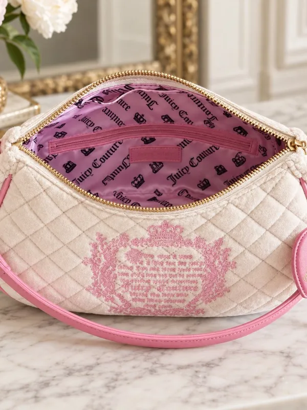 Juicy Couture Tale Quilted Velour Shoulder Bag Cream Pink NWT - Image 4