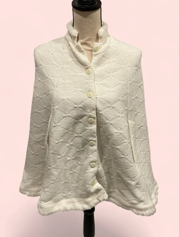 Vintage 70’s creamy white textured sweater knit cape button front tall collar - Image 2