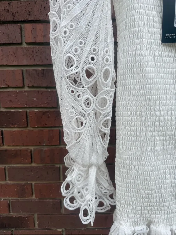 Pretty Little Thing White Lace Sleeve Shirred Bodycon Mini Dress Size 6 New NWT - Image 5