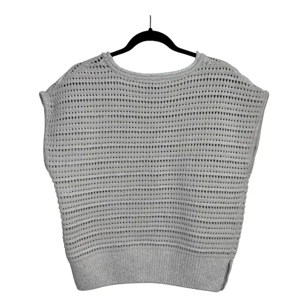Joie Women's L Beige Knit Open‎ Weave Metallic Sparkle Short Sleeve Sweater Top - Image 2