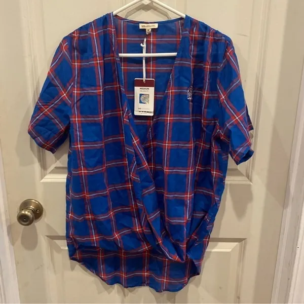 UG Apparel Kansas Jayhawks‎ Womens Medium Blue Plaid Surplice Wrap Top NWT NCAA - Image 2