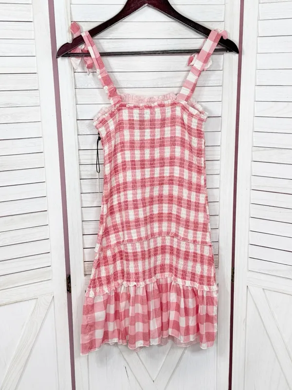 Sincerely Jules Gingham‎ Check Smocked Ruffle Mini Dress Red White Medium Preppy - Image 9