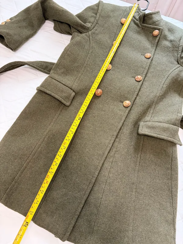 ZARA Olive Green Military Coat Gold Button Belted Preppy Academia Womens M - Image 9