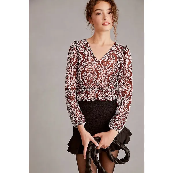 By‎ Anthropologie Jacquard Peasant Blouse Women's Blouse Wine M Ruffle Peplum - Image 3