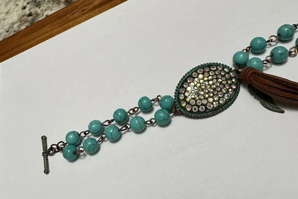 Rustic Style Turquoise Color Beads / Rhinestone / Brown Tassel NWT Bracelet - Image 5