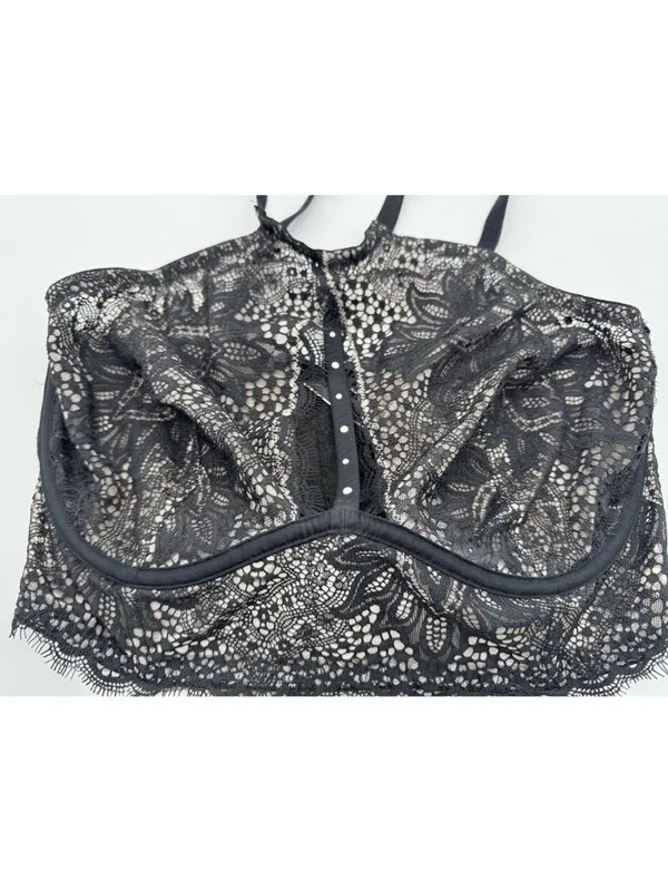 Victoria's Secret Very Sexy Unlined Plunge High Neck Bra Black Floral Lace 38DD - Image 3
