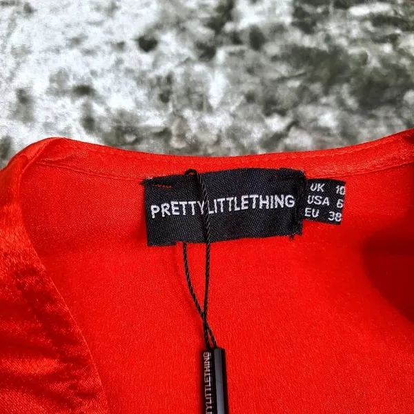 PrettyLittleThing‎ Red Satin Ruched Skirt Puff Sleeve Midi Dress - Image 6