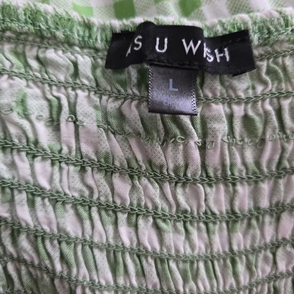 AS U Wish Gingham Smocked Tiered Midi Dress Green White Tie Shoulder Size L - Image 6