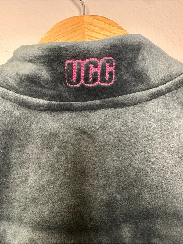 NWT UGG Devaney Bomber Jacket Dark Green Velour Velvet Full Zip Hot Pink - Image 7