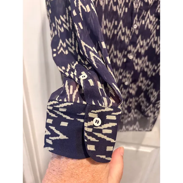 Zara Women Purple Geometric Ikat Print Sheer Chiffon Button‎ Up Blouse Large - Image 3