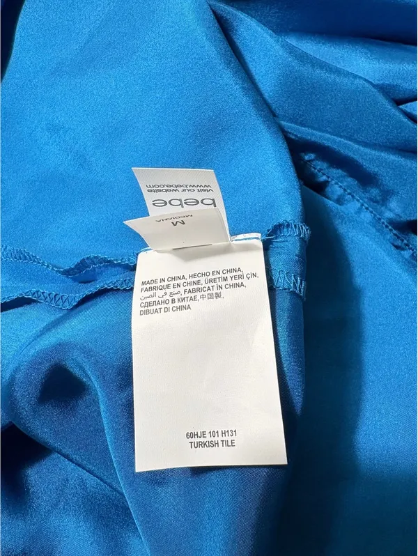 Bebe Women's Turkish Tile Blue Silk V-Neck Blouse with Button Detail, Size M - Image 5