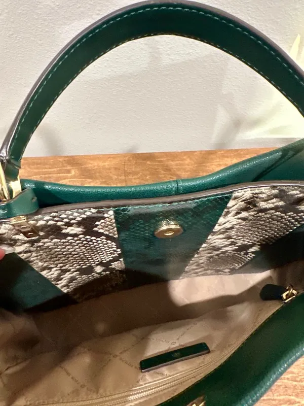 Michael Kors Penelope Large Emerald Green Leather Snake Print Satchel - Image 3