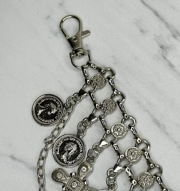 Rhinestone Cross and Coin Charm Silver Tone Metal Chain Link Belt OS One Size - Image 3