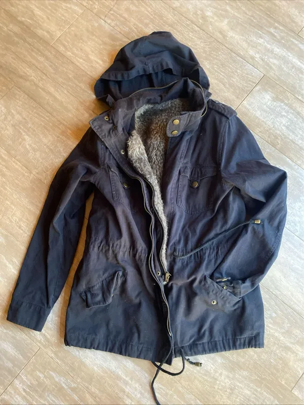 Vintage Navy Fur Lined Utility Parka Drawstring Big Pocket Short Jacket Women - Image 6