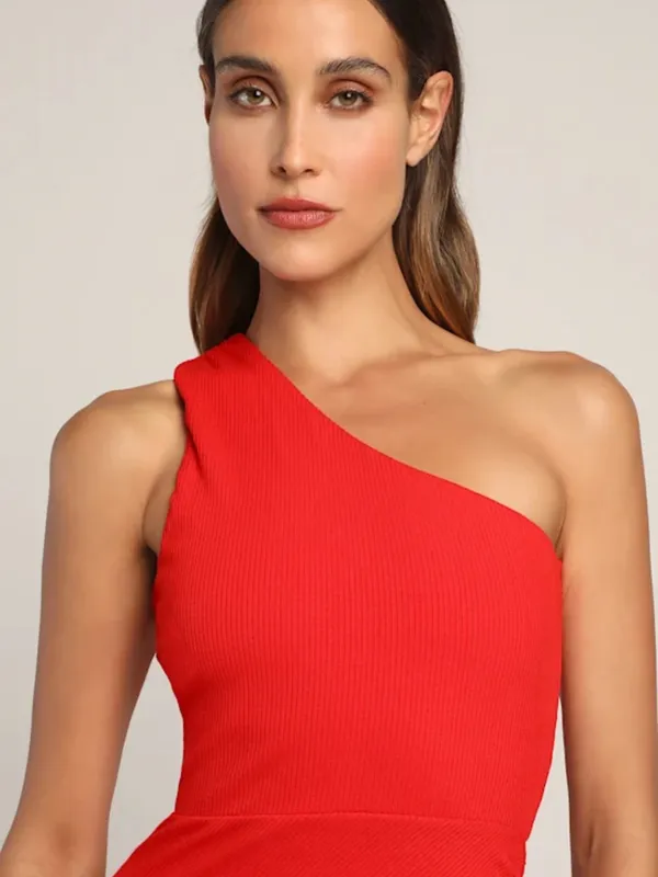 Lulus Centered on Style Red One-Shoulder Bodycon Ribbed Midi Dress Ruched Slit - Image 3
