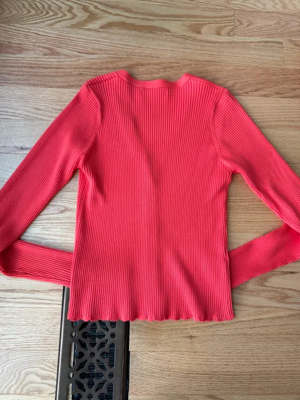 Mango Red Ribbed Fitted Button Front Cardigan Top M - Image 2