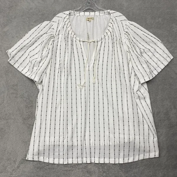Madewell Shirt Womens 4X White Black Tie‎ Neck Short Sleeve Tunic Top NE476 - Image 3