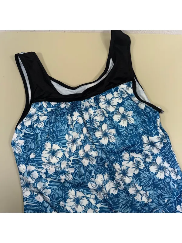 Women’s Blue & White Tropical Tankini Swimsuit with Black Swim Shorts XL NWOT - Image 2