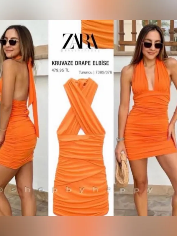 Zara Bright Orange Backless Halter Ruched Mini Dress - Image 3