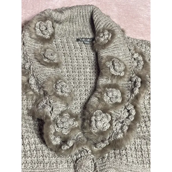 ROZ‎ & ALI Faux Fur Trimmed Cardigan Sweater Jacket Sz L Large I0216 - Image 3
