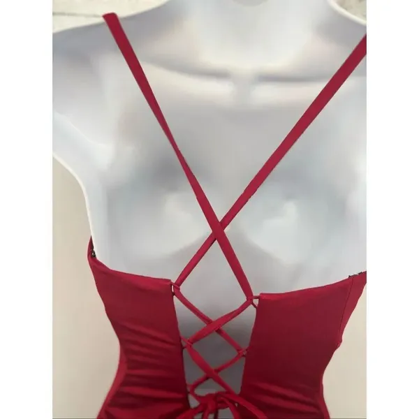 Portia and Scarlett Prom Gown Maxi Dress Women Size 4 Red Slit Lace Up Back - Image 10