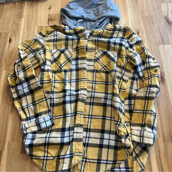 No Boundaries Yellow Plaid Flannel Hoodie Shirt M (7–9) - Image 2