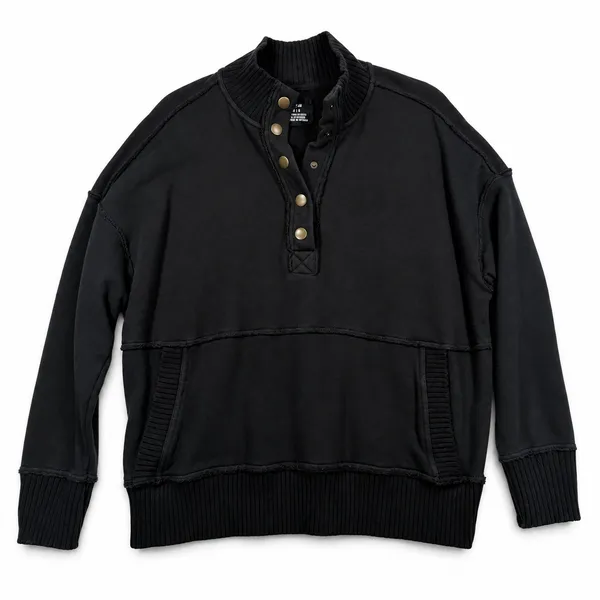 Aerie M Oh Snap Weekend Henley Mockneck Sweatshirt Oversized Relaxed Fit Black - Image 2