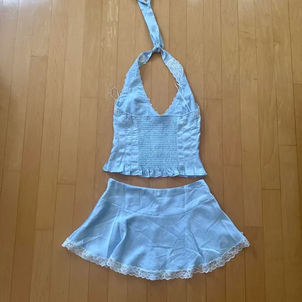 Princess Polly Over Here satin blue with lace trim halter top and skort set - Image 3