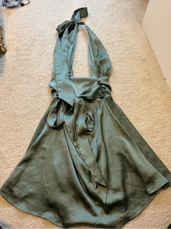 Lucy in the Sky Olive Green Satin Halter Mini Dress - Image 4