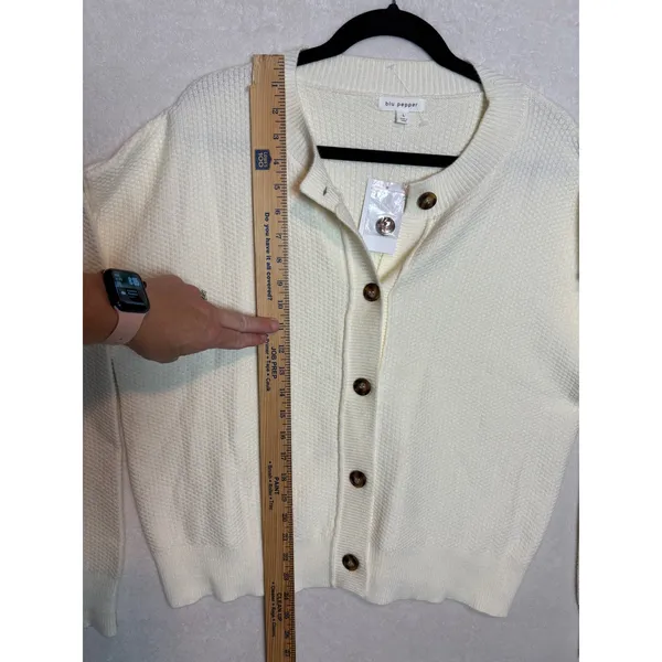 Blu Pepper Cream Waffle Knit Button Front Cardigan Sweater Womens L - Image 8