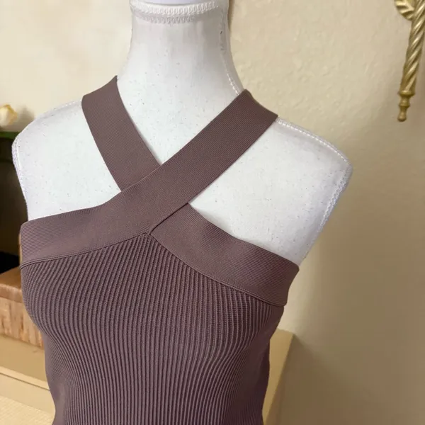 ARITZIA BABATON Sculpt Knit Criss Cross Mini Ribbed Dress Brown Size Large‎ - Image 4