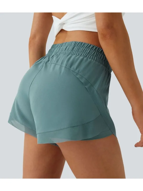 Halara Mid Rise Drawstring Contrast Mesh 2-in-1 Flowy Running Shorts 3'' Green S - Image 2