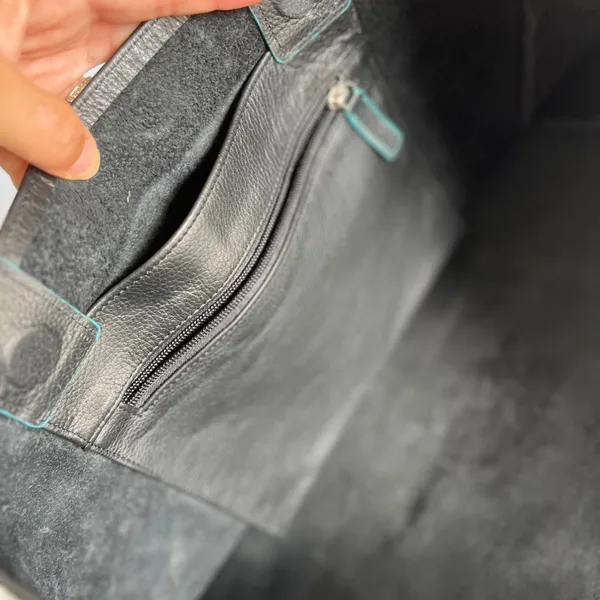 Black Deertan Cowhide Leather Tote Bag Teal Trim Classic Minimalist Purse‎ - Image 3