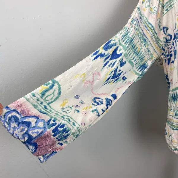 O'Neill Pastel Watercolor Floral Tie Front Boho Scoop Neck Peasant Blouse XL - Image 3